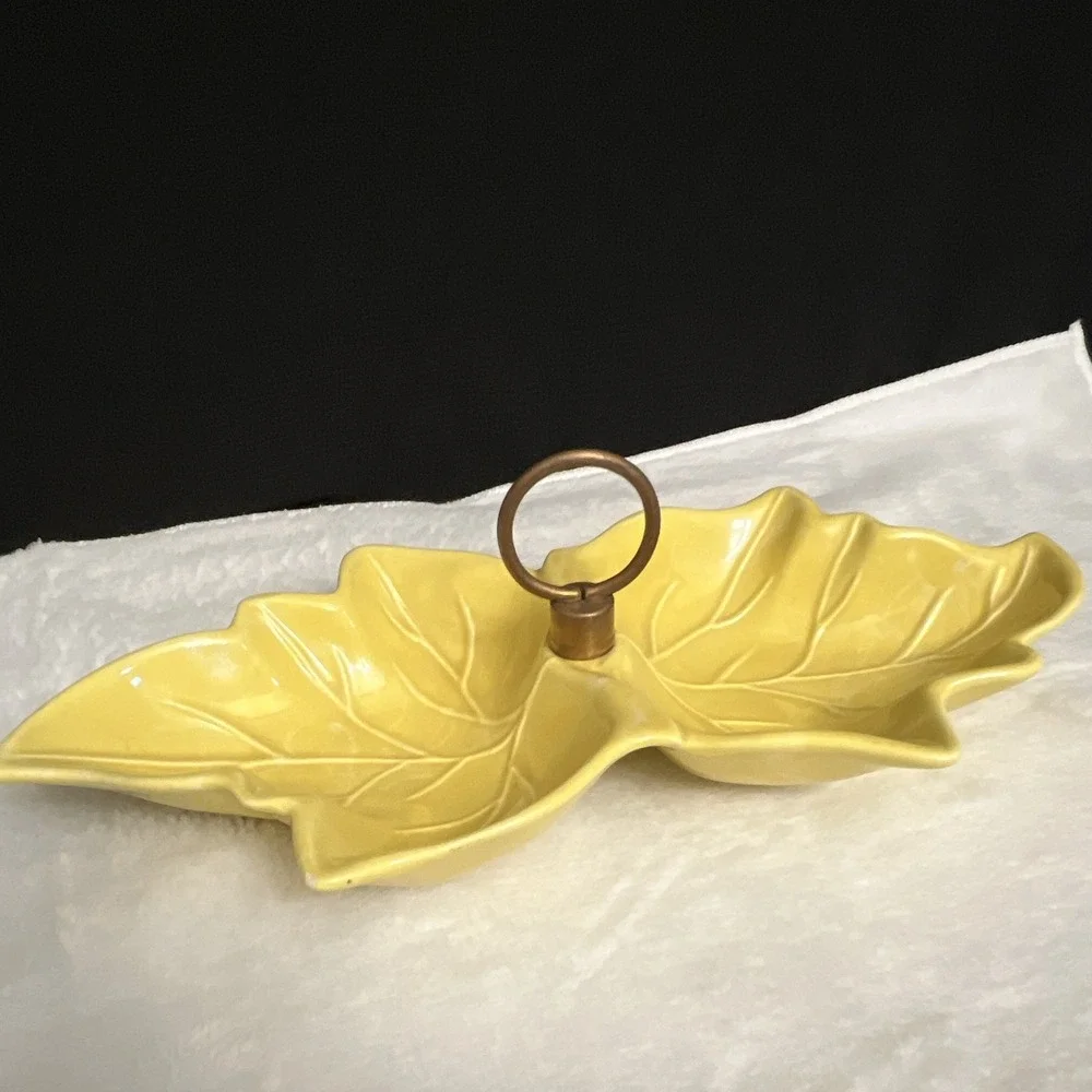 Vintage Yellow Leaf Divided Ceramic Serving Tray w/ Metal Handle USA MCM